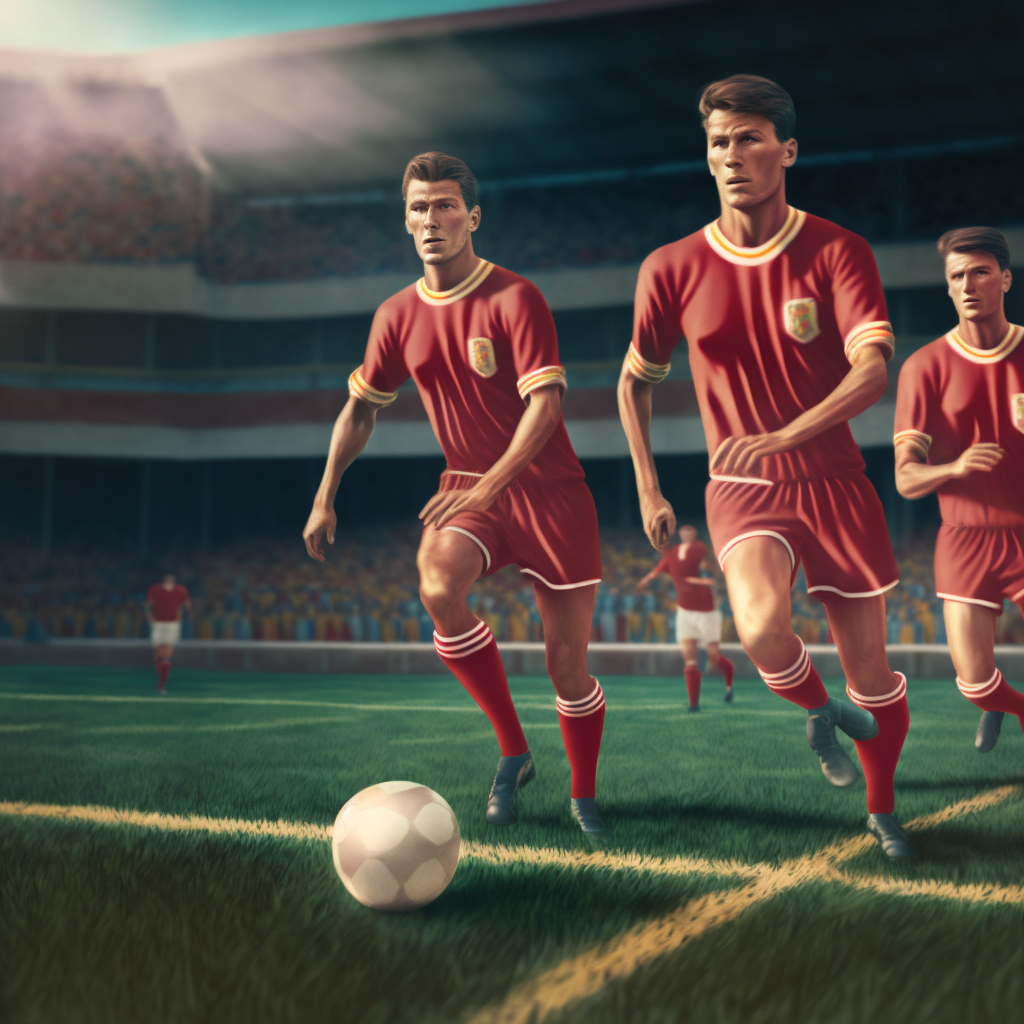 Три советских футболиста бегут с мячом